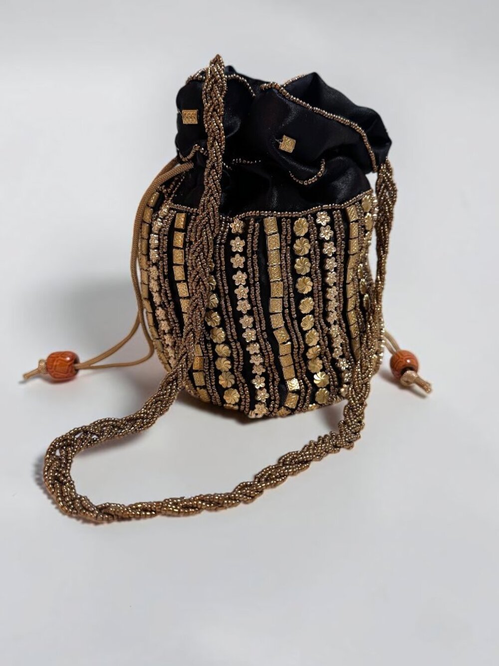 Handmade-  Black Satin Beaded Bag with Gold Beading -NWOT